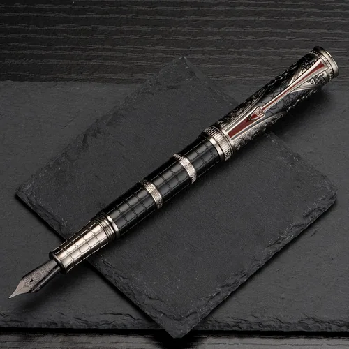 Vista 4 de Hongdian D5X - Pluma estilográfica de color negro, punta mediana, dinastía Qin, retro, tótem chino, grabado, pluma de escritura suave