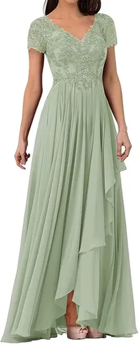 Vista 3 de Vestidos de madre de la novia con cuello en V para boda apliques de encaje vestido de graduación manga casquillo vestido formal de fiesta de noche