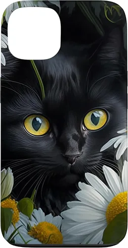 Vista 7 de iPhone 16 Black Cat with Daisies – Enchanting Floral Design Case