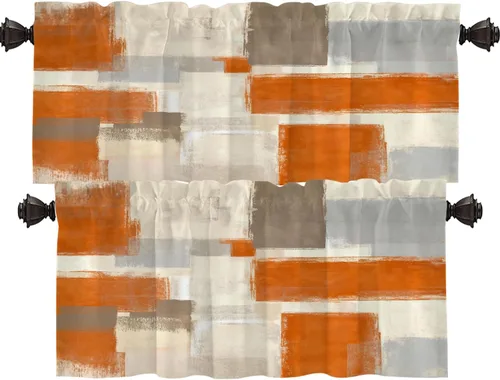 Vista 19 de Shrahala Beige and Orange Abstract Art Brushstrokes Blackout Curtain Tiers, Abstract Oil Paint Kitchen Valance Light Blocking Tier Drapes with Rod