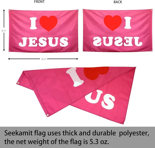 Vista 2 de Bandera de Jeus con texto en inglés "I Heart Jeus", color rosa, divertidas banderas de dormitorio universitario para niñas, banderas geniales
