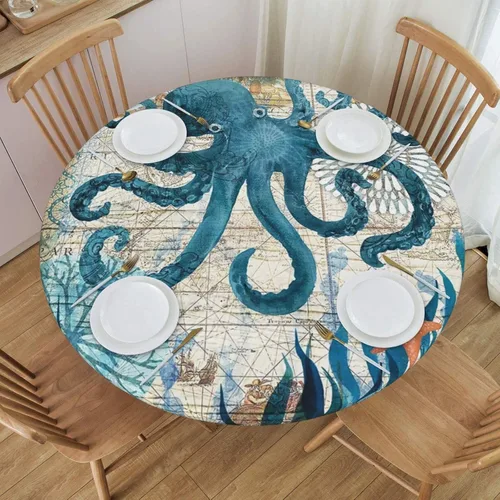 Vista 8 de Mantel ajustable con temática náutica con diseño de cangrejo, mapa de vida costero azul del océano, borde elástico, cubierta impermeable y lavable
