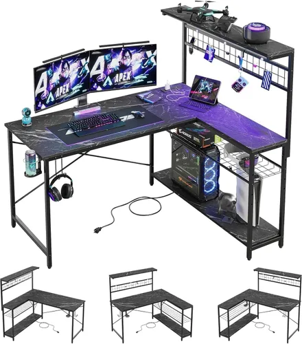 Vista 8 de Bestier Escritorio de juegos en forma de L de 42 pulgadas, escritorio para computadora con tomas de corriente y luz LED, escritorio reversible