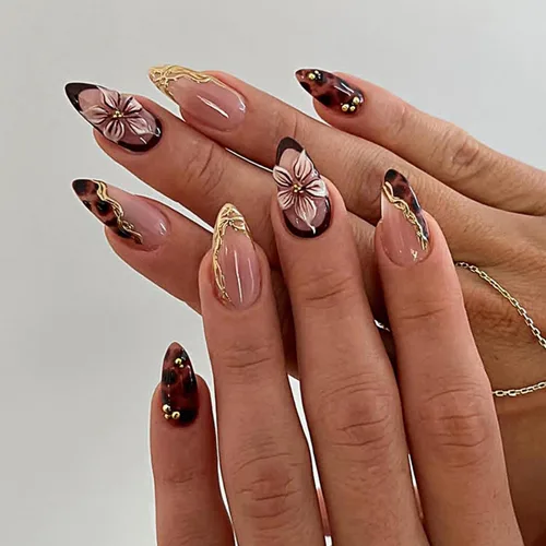 Vista 19 de Uñas postizas largas a presión, color negro, diseño francés y floral, 24