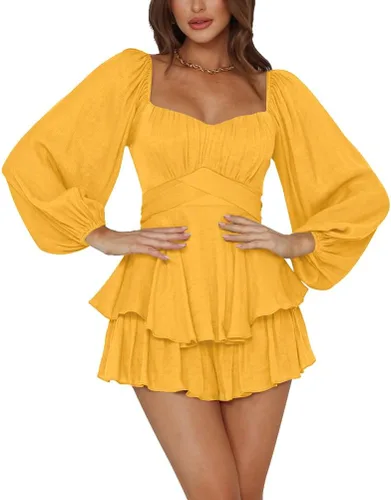 Vista 8 de LYANER Mono de Mujer de Manga Farol Larga con Volantes en Capas y Lazo Mini Corto Romper