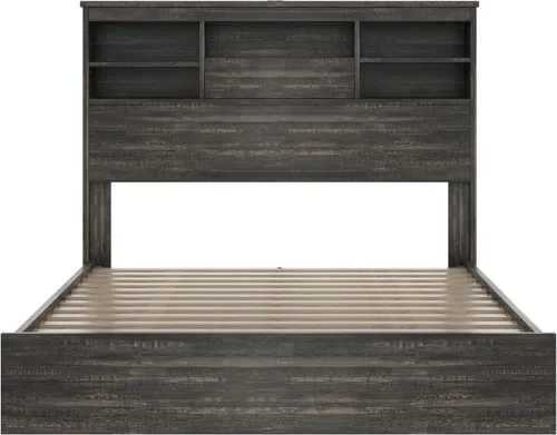Vista 7 de Conjunto de dormitorio de 4 piezas estilo granja, cama plataforma tamaño queen con 2 mesitas de noche y almacenamiento de 5 cajones, estructura