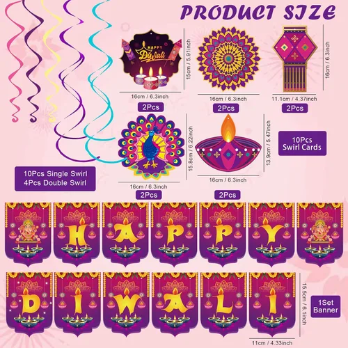Vista 2 de Diwali Decoraciones – Cartel de Happy Diwali para el hogar, Festival de luces, artículos de decoración de fiesta, Deepavali colgante de remolinos