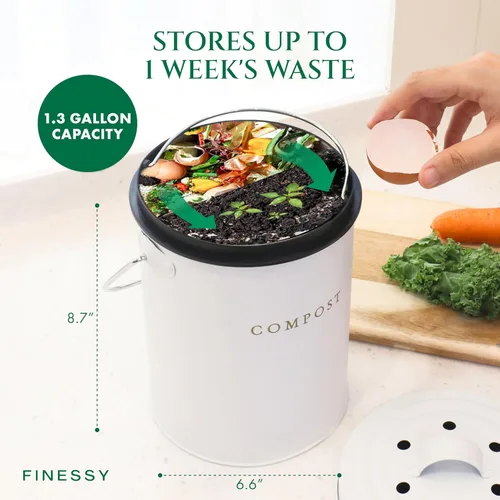 Vista 6 de Cubo de compost de 1.3 galones blanco para interior, sin olor, con tapa, para compostaje de residuos de alimentos, contenedor de cocina, contenedor