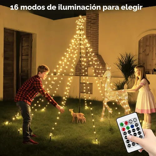 Vista 3 de Luces de árbol de Navidad de 340 LED con estrella superior, IP67, impermeable, control remoto, luces de cascada con poste, 16 modos, 3