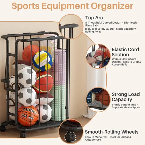 Vista 5 de Estante de almacenamiento grande para pelotas de garaje con ruedas, con asa, para baloncesto, fútbol, voleibol, garaje, gimnasio, color negro