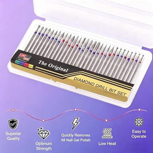 Vista 2 de Juego de 30 brocas para uñas: brocas de diamante de 3/32 pulgadas para preparación de uñas de gel acrílico, contiene cabezas