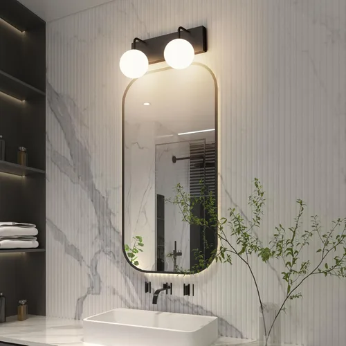 Vista 2 de Tipace Lámpara de tocador negra, 2 luces modernas sobre espejo con globo blanco leche blanca para baño (excluye bombilla)
