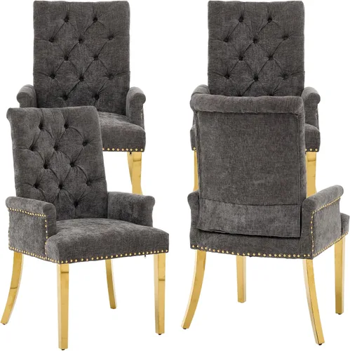 Vista 13 de Sillas de Comedor Tapizadas Acolchadas de Chenilla con Brazos y Ribete de Tachuelas – Marco y Patas de Madera Maciza, Estilo Granja Moderna