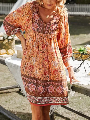 Vista 3 de TEMOFON Mini vestido bohemio para mujer verano floral 34 manga larga cuello en V fluido suelto casual vestidos de playa