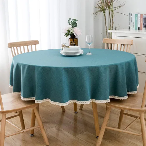 Vista 7 de Mantel redondo de granja decorativo, a prueba de polvo, sin arrugas, mantel de lino con ribete de encaje para mesa circular, color verde azulado, 60