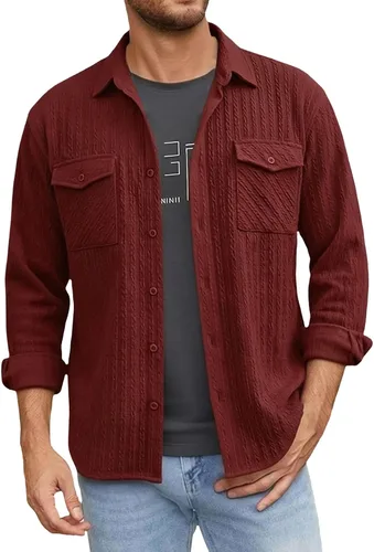 Vista 38 de Camisas con botones para hombre, casual, de manga larga, con cuello jacquard, texturizada, ligera, sobrecamisa, sobrecamisa