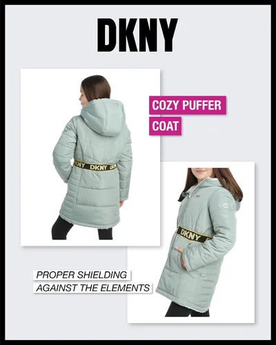 Vista 4 de DKNY Chaqueta reversible con capucha para niñas, abrigo acolchado de nailon o forro de sherpa