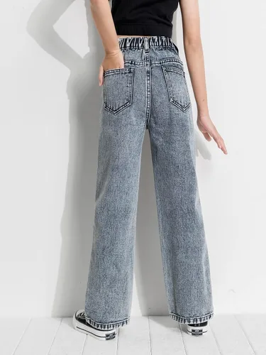 Vista 2 de Romwe Pantalones de mezclilla vintage de cintura alta y pierna recta para niña