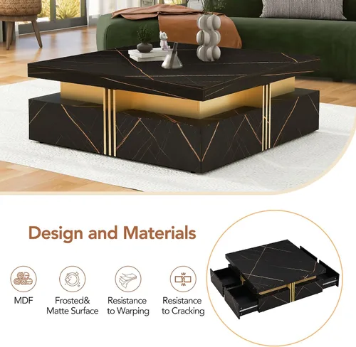 Vista 3 de Mesa de centro cuadrada grande moderna con 4 cajones, mesa de centro de mármol negro para sala de estar, mesa central cuadrada contemporánea