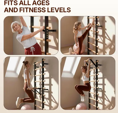 Vista 5 de Escalera sueca barra de madera para parada, entrenador de suspensión con barra de dominadas y accesorios de barra de inmersión, barra de madera