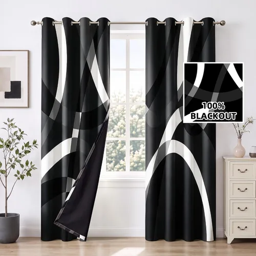 Vista 2 de weesire Cortinas opacas modernas para dormitorio, sala de estar, 2 paneles, 100% opacas, cortinas con patrón circular blanco y negro, cortinas