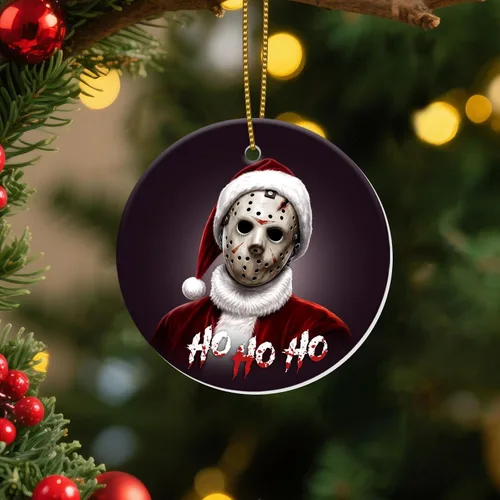 Vista 24 de Adornos Colgantes de Navidad Ho-Ho-Ho de 2 Lados Impresos 2025, Regalos de Terror de Navidad para Amantes de las Películas, Adorno de Cerámica