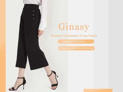 Vista 6 de Ginasy Pantalones negros de pierna ancha para mujer, pantalones de vestir casuales de negocios, pantalones de vestir elásticos de cintura alta