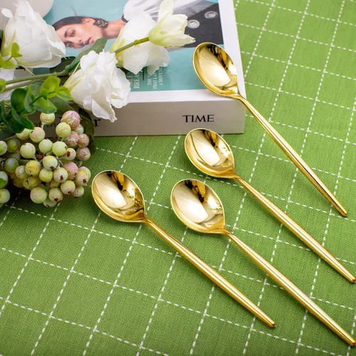 Vista 5 de U-QE 180 cucharas de plástico doradas, cucharas desechables de plástico resistente, cucharas de plástico pesadas, cubiertos de plástico dorado