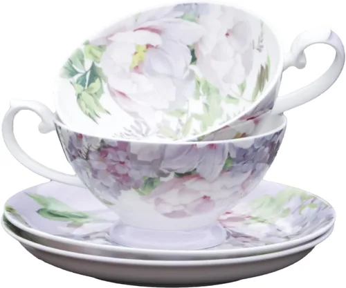Vista 2 de Gracie Bone - Tazas y platillos de niebla de peonía de porcelana (morado)