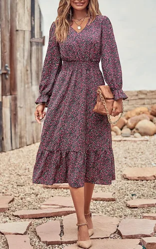 Vista 3 de PRETTYGARDEN Vestido de otoño casual de manga larga para mujer, estilo bohemio, plisado, cuello en V, volantes, estampado floral, vintage, vestidos