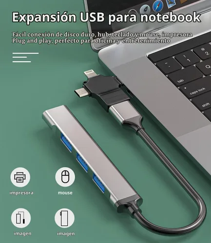 Vista 4 de Adaptador USB OTG 3 en 1 USB-A 3.0 hembra a tipo C Micro Lightning macho compatible con Apple Iphone15 Ipad Pro Air Min 14 13 12 LG Android 3 en 1
