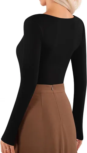 Vista 4 de MANGOPOP Women's Basic Bodysuits Scoop Neck Long Sleeve Body Suit Shirt Tops