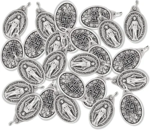 Vista 3 de Caritas et Fides Paquete de 25 medallas milagrosas a granel (1 pulgada, plata oxidada), hechas en Italia – Colgante de María para collar, colgante