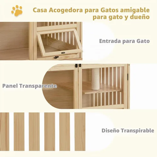 Vista 5 de MCombo Casa de madera para gatos de interior, condominio para gatos con entrada, jaula de gatito Catio con puertas y ruedas bloqueables, CT291