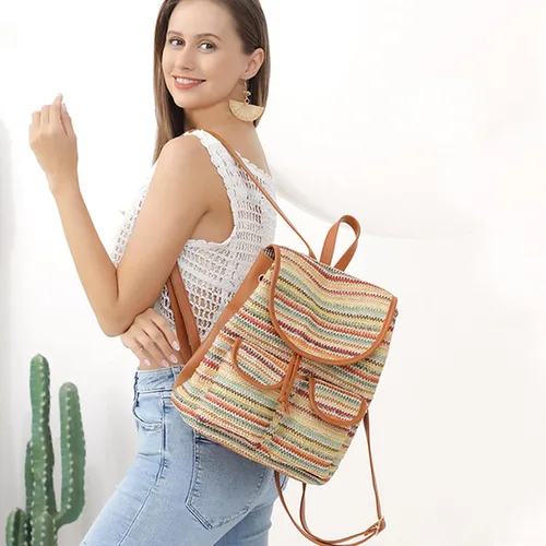 Vista 3 de Meyaus Mochila de paja hecha a mano para mujer, con solapa, cordón y cordón, Marrón claro, Mochilas Daypack