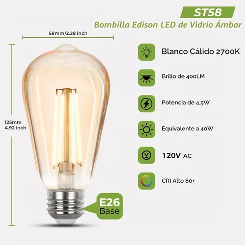 Vista 2 de Bombillas LED Edison de Sigalux, equivalentes a 40 vatios, casquillo E26, luz regulable, blanca suave 2700K, vidrio ámbar ST58, bombillas LED