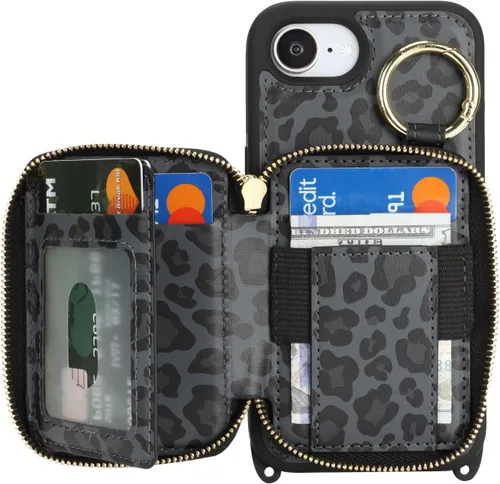 Vista 6 de Funda tipo cartera para iPhone 17e/16e, diseño de leopardo negro Funda de piel sintética con cremallera para bolso, funda con función atril