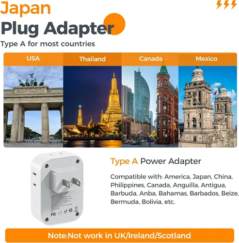 Vista 2 de TESSAN Adaptador de 2 clavijas a 3 clavijas, extensor de enchufe múltiple con 4 tomas, 3 puertos USB (1 USB C), viaje tipo A para EE. UU. a Japón