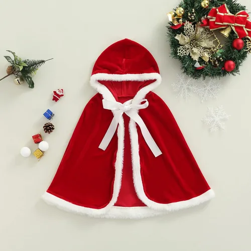Vista 6 de Capa roja de Navidad con capucha de terciopelo para niña diseño de Papá Noel