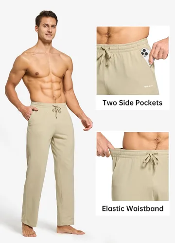 Vista 5 de Willit - Pantalones de ejercicio de algodón para hombre, con parte inferior abierta, ajuste holgado, atléticos, con bolsillos, para casa, yoga