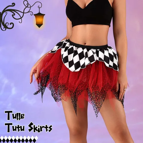 Vista 3 de TWINKLEDE Falda de disfraz de Halloween, faldas de tul irregulares para el Día de los Muertos, falda tutú de fiesta para mujeres y niñas
