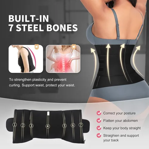 Vista 3 de FeelinGirl Entrenador de cintura para mujer, talla grande, 7 huesos de acero, neopreno, faja de entrenamiento de sauna con cremallera, cinturón