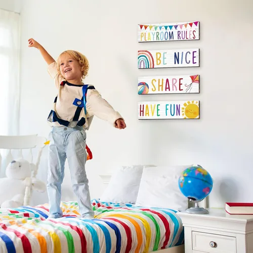Vista 4 de 4 piezas de madera para sala de juegos para niños, decoración de pared con texto en inglés «Be Nice Share Have Fun», placa de pared colorida