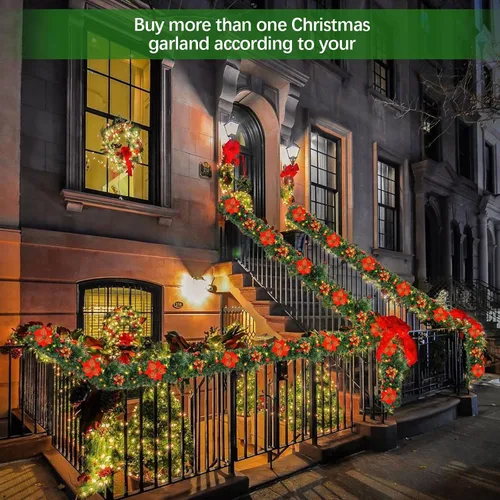 Vista 6 de Guirnalda de Navidad, guirnalda de Navidad con luces, funciona con pilas, 9 pies, de ratán, flores artificiales y vid artificiales de Navidad