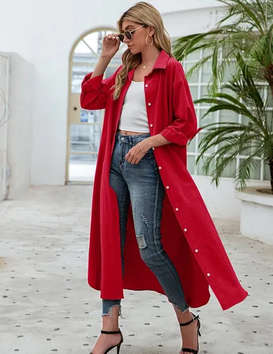 Vista 4 de Sopliagon - Vestido de algodón y lino para mujer, diseño de camisa, estilo casual, suelto y largo