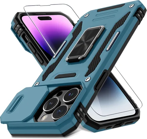 Vista 386 de DEERLAMN Funda para iPhone Xs Max con funda deslizante para cámara + protector de pantalla, soporte giratorio de anillo de grado militar a prueba
