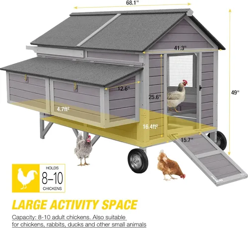 Vista 7 de Aivituvin gallinero móvil de madera con casa para gallinas y caja para rodar, jaula grande para aves mejorada con marco de hierro fuerte, duradera e