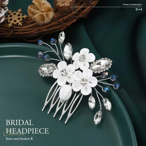 Vista 3 de Catery Peine para el cabello de boda con diseño de flores para novia, color plateado, pequeño peine lateral azul, accesorios de joyería para mujeres