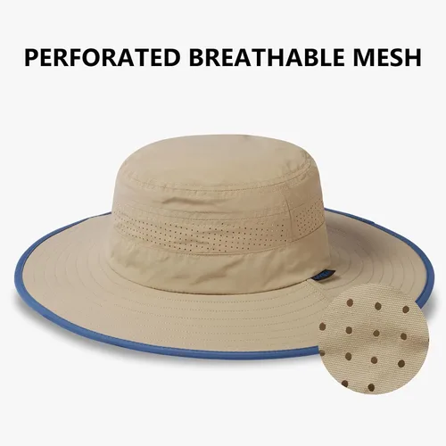 Vista 4 de Sombrero de cubo de sol con ala plegable UPF 50+ resistente al agua con malla perforada láser ajustable para hombres y mujeres al aire libre Caqui