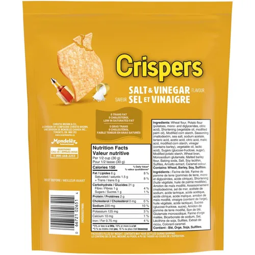 Vista 2 de Christie Crispers, galletas saladas y vinagre, 5.11 oz/5.1 onzas, bolsa, {Importado de Canadá}